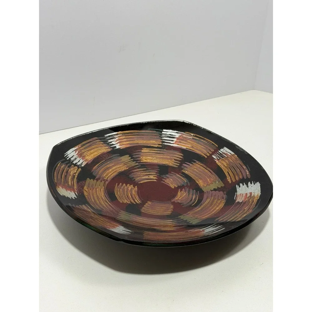 Signed Studio Art Glass Hand Painted Abstract Swirl Plate Black Gold‎ 11.5 Inch